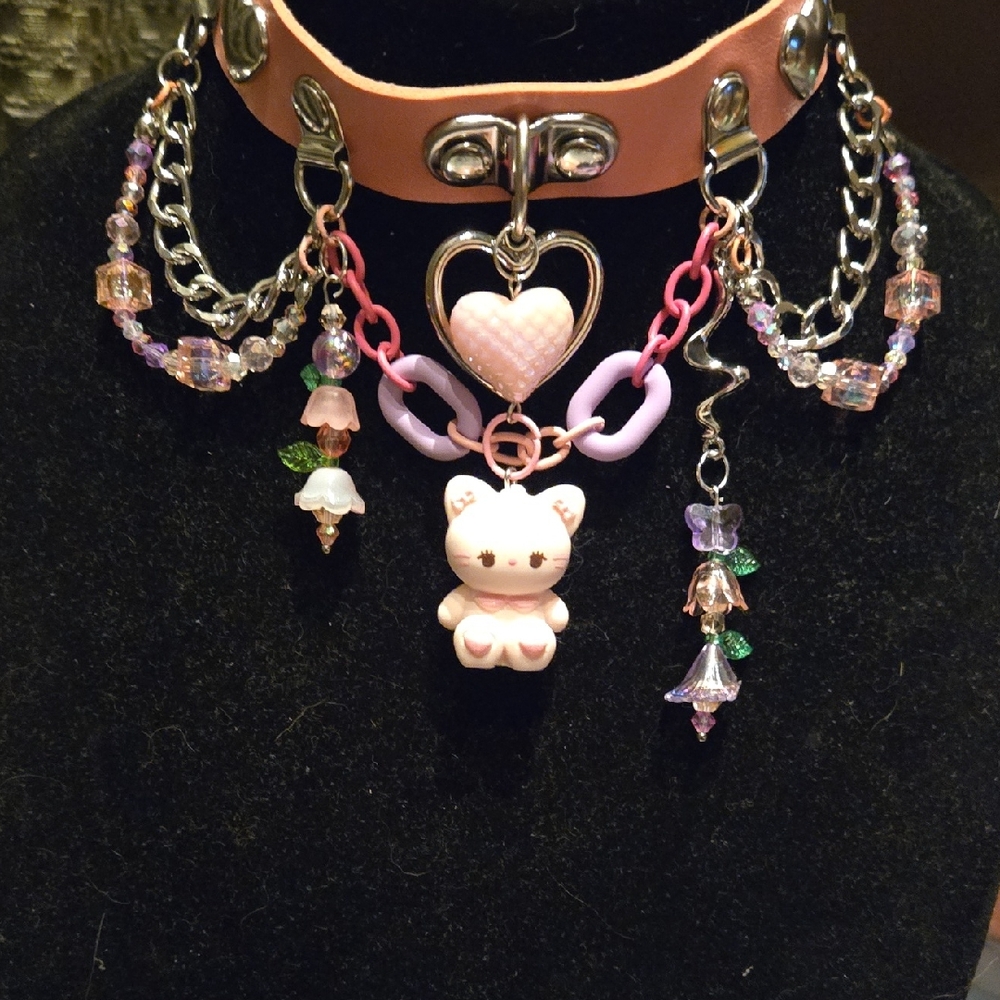 Adorable Pink Heart and Kitty Charm Choker